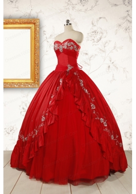 2015 Cheap Sweetheart Red Puffy Quinceanera Dresses with Embroidery