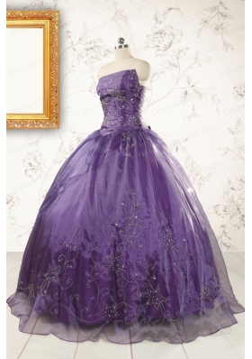 2015 Discount Purple Strapless Appliques Quinceanera Dresses