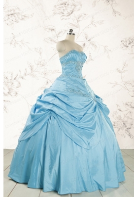 2015 Discount Strapless Appliques Sweet 15 Dress in Aqua Blue