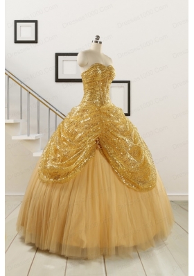 2015 Most Popular Sweetheart Sequined Quinceanera Dresses in Gold