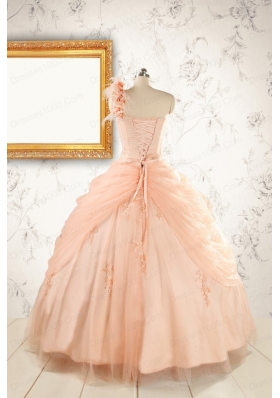 2015 Pretty One Shoulder Appliques Quinceanera Dress in Peach