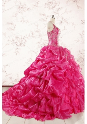 2015 Unique Beading Hot Pink Quinceanera Dresses with Spaghetti Straps