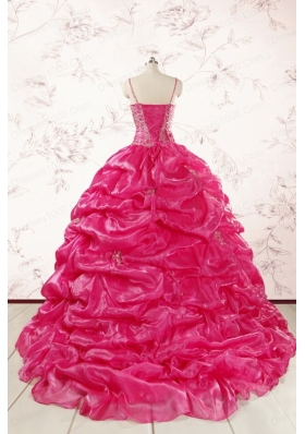 2015 Unique Beading Hot Pink Quinceanera Dresses with Spaghetti Straps