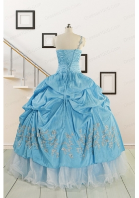 2015 Pretty One Shoulder Appliques Quinceanera Dresses in Aqua Blue