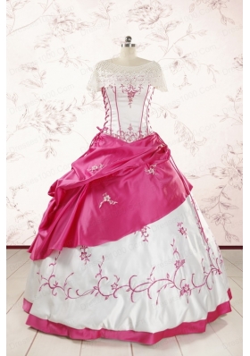 Luxurious Embroidery Sweet 15 Dresses in White and Hot Pink