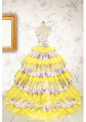 Popular Beading Yellow Sweet 15 Dresses with Sweep Train