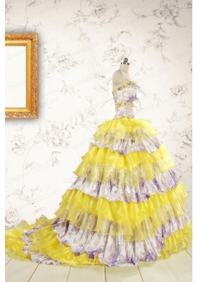 Popular Beading Yellow Sweet 15 Dresses with Sweep Train