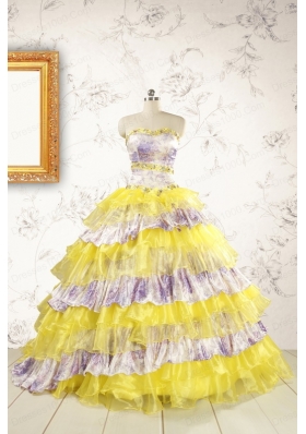 Popular Beading Yellow Sweet 15 Dresses with Sweep Train