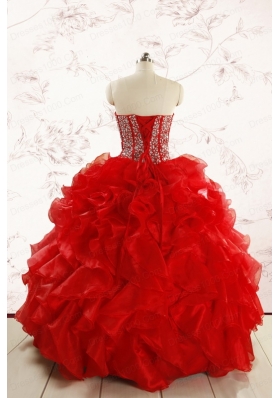 Red Beading and Ruffles Sweetheart Pretty Quinceanera Dresses for 2015