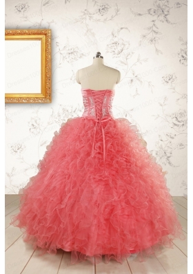 Watermelon Red Exquisite Quinceanera Dresseswith Appliques and Ruffles