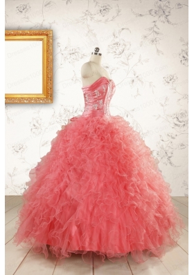 Watermelon Red Exquisite Quinceanera Dresseswith Appliques and Ruffles