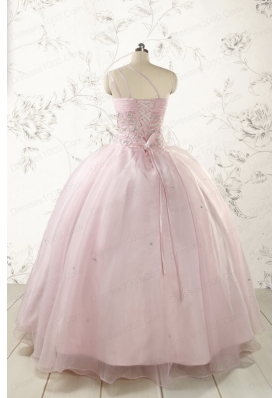 2015 One Shoulder Beading Light Pink Quinceanera Dresses