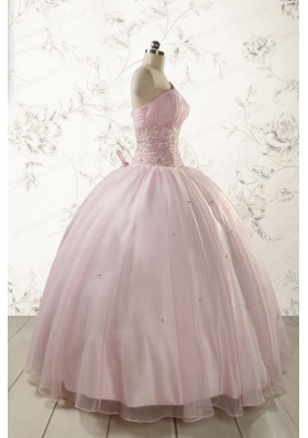 2015 One Shoulder Beading Light Pink Quinceanera Dresses