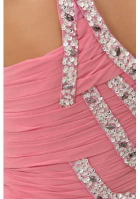 Empire Watermelon One Shoulder Beaded Decorate Full Length Prom Dress