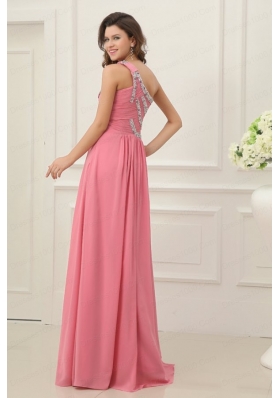 Empire Watermelon One Shoulder Beaded Decorate Full Length Prom Dress