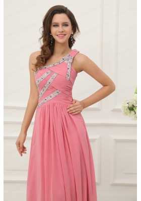 Empire Watermelon One Shoulder Beaded Decorate Full Length Prom Dress