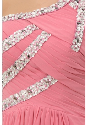 Empire Watermelon One Shoulder Beaded Decorate Full Length Prom Dress