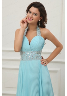 Light Blue Halter Top Neck Beading and Pleats Long Prom Dress