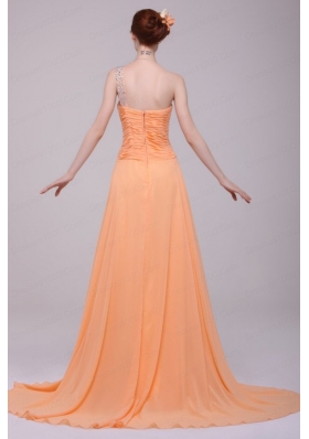 One Shoulder Chiffon Empire Rhinestone Decorate Prom Dress in Orange