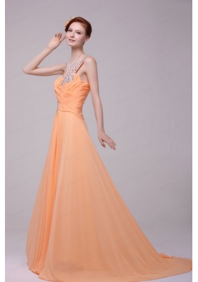 One Shoulder Chiffon Empire Rhinestone Decorate Prom Dress in Orange