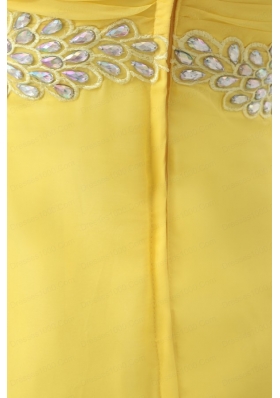 One Shoulder Yellow Empire Chiffon Rhinestone Decorate Prom Dress