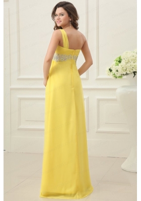 One Shoulder Yellow Empire Chiffon Rhinestone Decorate Prom Dress