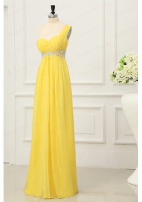 One Shoulder Yellow Empire Chiffon Rhinestone Decorate Prom Dress