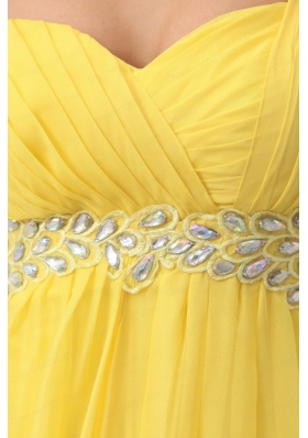 One Shoulder Yellow Empire Chiffon Rhinestone Decorate Prom Dress