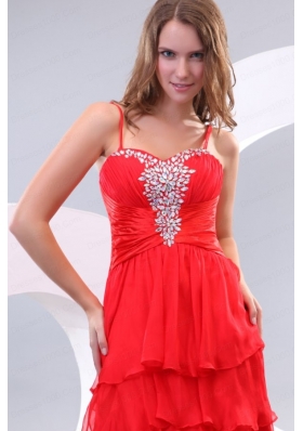 Red Empire Spaghetti Straps Beaded Decorate High-low Prom Dress