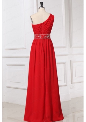 Red One Shoulder Beaded Decorate Waist Floor-length Prom Dress