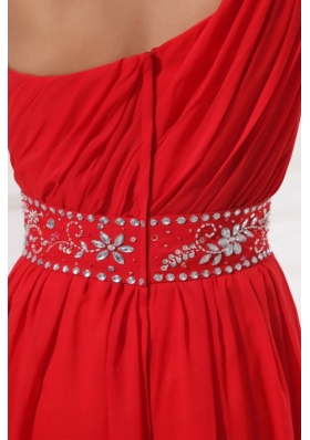 Red One Shoulder Beaded Decorate Waist Floor-length Prom Dress