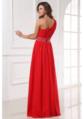 Red One Shoulder Beaded Decorate Waist Floor-length Prom Dress