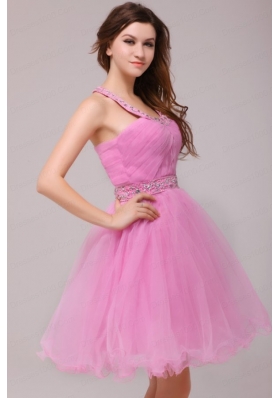 Rose Pink Halter Top Beading and Ruching Prom Dress