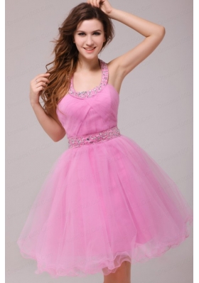 Rose Pink Halter Top Beading and Ruching Prom Dress