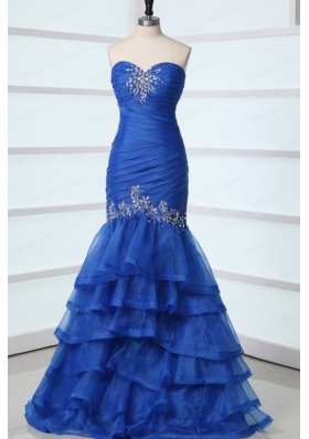 Sexy Blue Mermaid Sweetheart Floor-length Organza 2015 Spring Prom Dress with Beading