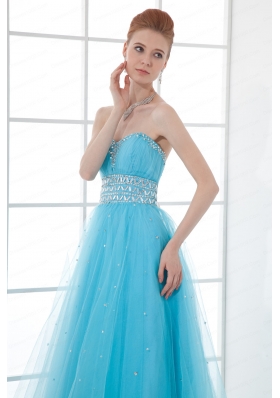 2015 Tulle A-line Sweathert Beading Baby Blue Belt Prom Dress