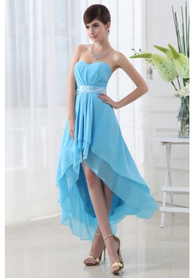 A-line Baby Blue Chiffon High-low Sweatheart Dress Prom with Belt