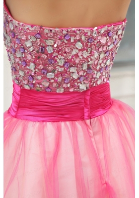 A-line Pink Strapless Beading Tulle Knee-length Prom Dress