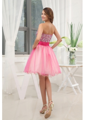 A-line Pink Strapless Beading Tulle Knee-length Prom Dress