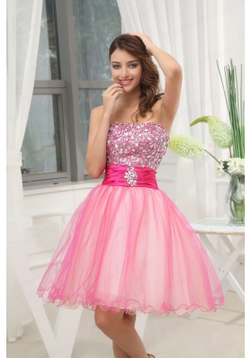 A-line Pink Strapless Beading Tulle Knee-length Prom Dress