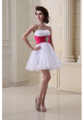 A-line Strapless Beading and Ruching Organza White Prom Dress