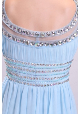 Baby Blue Empire Beading Scoop Floor-length Chiffon Prom Dress with Side Zipper