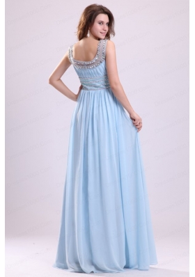 Baby Blue Empire Beading Scoop Floor-length Chiffon Prom Dress with Side Zipper