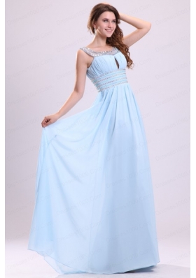 Baby Blue Empire Beading Scoop Floor-length Chiffon Prom Dress with Side Zipper