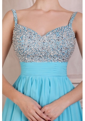 Beaded Decorate Brust Straps Chiffon Knee-length Aqua Blue Prom Dress