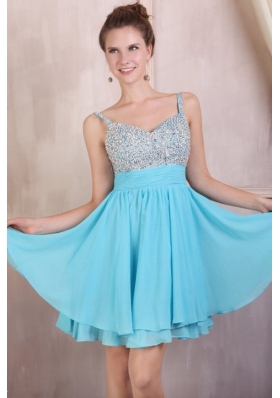 Beaded Decorate Brust Straps Chiffon Knee-length Aqua Blue Prom Dress