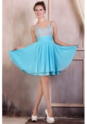 Beaded Decorate Brust Straps Chiffon Knee-length Aqua Blue Prom Dress