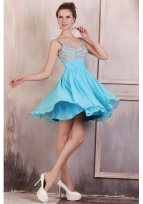 Beaded Decorate Brust Straps Chiffon Knee-length Aqua Blue Prom Dress