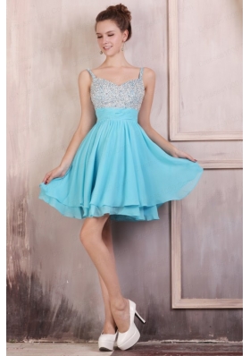 Beaded Decorate Brust Straps Chiffon Knee-length Aqua Blue Prom Dress