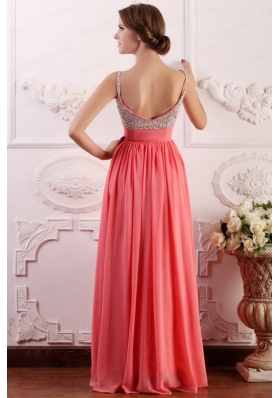 Beaded Decorate Brust Straps Empire Chiffon Watermelon Prom Dress